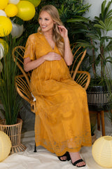 PinkBlush Mustard Lace Mesh Overlay Maternity Maxi Dress