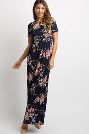 Navy Blue Rose Print Short Sleeve Maxi Dress