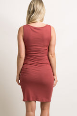 PinkBlush Rust Ribbed Ruched Sleeveless Maternity Dress