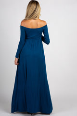 PinkBlush Dark Teal Solid Off Shoulder Maternity Maxi Dress