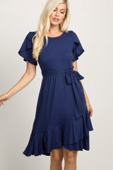 Navy Blue Solid Flounce Trim Dress