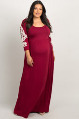 Burgundy Crochet Sleeve Plus Maternity Maxi Dress