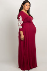 Burgundy Crochet Sleeve Plus Maternity Maxi Dress