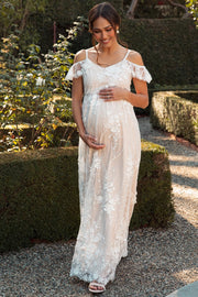 Ivory Floral Embroidered Mesh Maternity Evening Gown