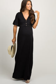 Black Button Ruffle Sleeve Maternity Maxi Dress