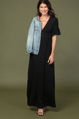 Black Button Ruffle Sleeve Maxi Dress