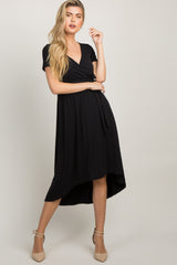 Black Solid Hi-Low Wrap Dress