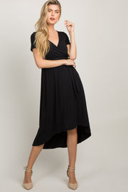 Black Solid Hi-Low Wrap Dress