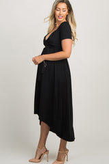 Black Solid Hi-Low Maternity Wrap Dress