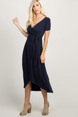 PinkBlush Navy Blue Solid Hi-Low Wrap Dress