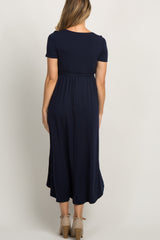 PinkBlush Navy Blue Solid Hi-Low Maternity Wrap Dress