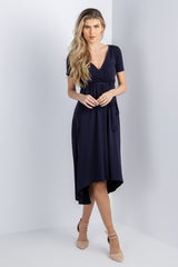 PinkBlush Navy Blue Solid Hi-Low Maternity Wrap Dress