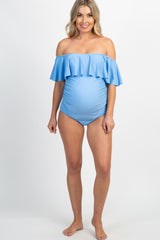 Light Blue Ruffle Trim Ruched One-Piece Maternity Swimsuit