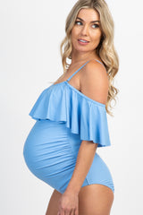 Light Blue Ruffle Trim Ruched One-Piece Maternity Swimsuit