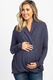 Navy Knit Draped Wrap V-Neck Maternity Nursing Top