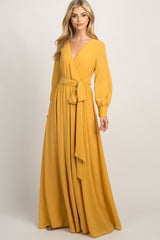 Yellow Chiffon Long Sleeve Pleated Maternity Maxi Dress