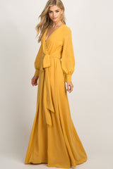 Yellow Chiffon Long Sleeve Pleated Maxi Dress