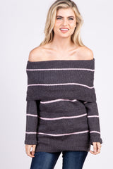 Charcoal Striped Knit Foldover Sweater