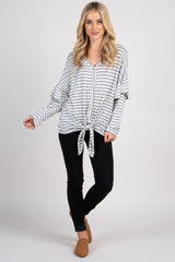 Heather Grey Striped Ruffle Sleeve Button Tie Front Top