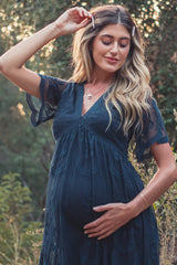 PinkBlush Navy Blue Lace Mesh Overlay Maternity Maxi Dress