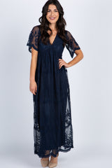 PinkBlush Navy Blue Lace Mesh Overlay Maternity Maxi Dress