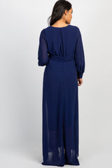 Navy Chiffon Long Sleeve Pleated Maternity Maxi Dress