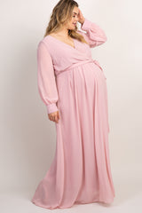 Light Pink Chiffon Long Sleeve Pleated Plus Maternity Maxi Dress