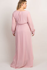 Light Pink Chiffon Long Sleeve Pleated Plus Maternity Maxi Dress