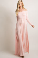 PinkBlush Petite Pink Solid Off Shoulder Maternity Maxi Dress