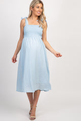 Light Blue Strap Tie Smocked Maternity Dress