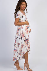 PinkBlush Ivory Watercolor Floral Hi-Low Maternity Wrap Dress