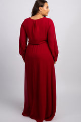 Burgundy Chiffon Long Sleeve Pleated Plus Maxi Dress