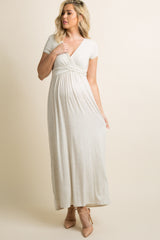 PinkBlush Petite Beige Draped Maternity/Nursing Maxi Dress