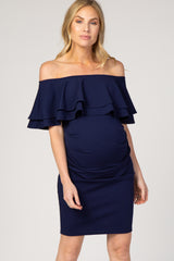 Navy Ruffle Off Shoulder Ruched Maternity Dress