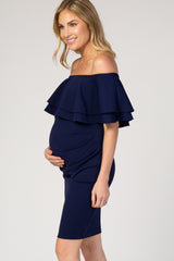 Navy Ruffle Off Shoulder Ruched Maternity Dress