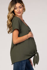 Light Olive Button Tie Front Maternity Top