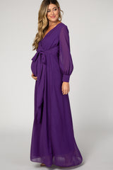 Purple Chiffon Long Sleeve Pleated Maternity Maxi Dress