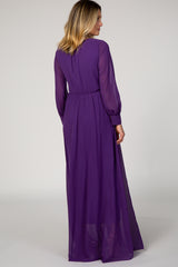 Purple Chiffon Long Sleeve Pleated Maxi Dress