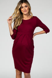 Burgundy 3/4 Sleeves Front Pleated Maternity Dress