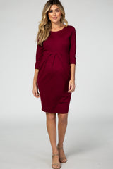 Burgundy 3/4 Sleeves Front Pleated Maternity Dress