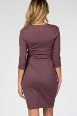 Purple 3/4 Sleeves Front Pleated Maternity Dress