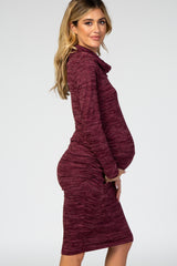 Burgundy Knit Long Sleeve Cowl Neck Maternity Dress