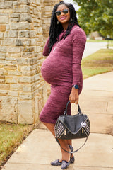 Burgundy Knit Long Sleeve Cowl Neck Maternity Dress