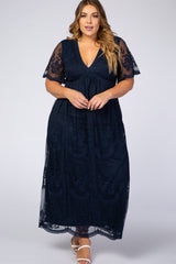 PinkBlush Navy Lace Mesh Overlay Plus Maternity Maxi Dress