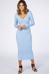 Light Blue V-Neck Long Sleeve Fitted Maternity Maxi Dress