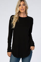 Black Long Sleeve Round Hem Textured Maternity Top