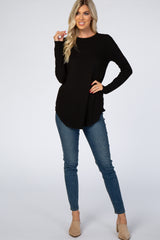 Black Long Sleeve Round Hem Textured Top