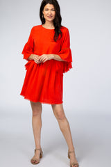 Red Raw Edge Bell Sleeve Babydoll Dress