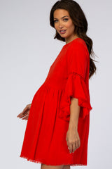 Red Raw Edge Bell Sleeve Babydoll Maternity Dress