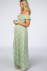 Green Floral Ruffle Off Shoulder Maternity Maxi Dress